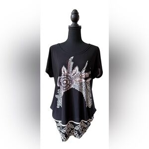 Black Silk Floral Blouse with Red Embellishments